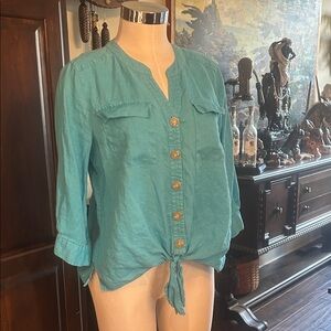 John Mark Sz M Women's Teal Button-Up Tie Waist Top GUC